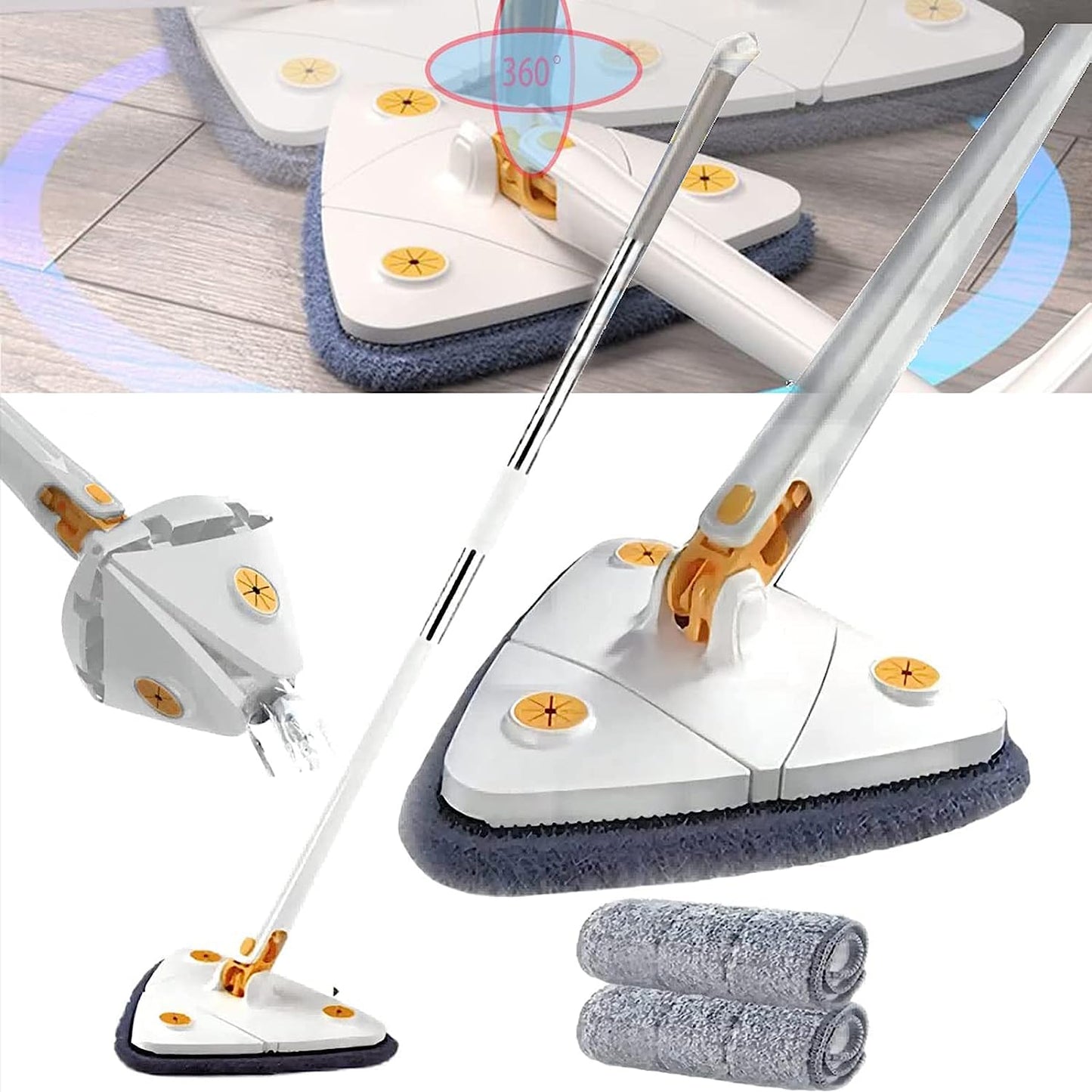 360° Swivel Telescopic Triangle Mop – Adjustable Wet & Dry Floor Cleaning Tool with Squeeze & Absorbent Head